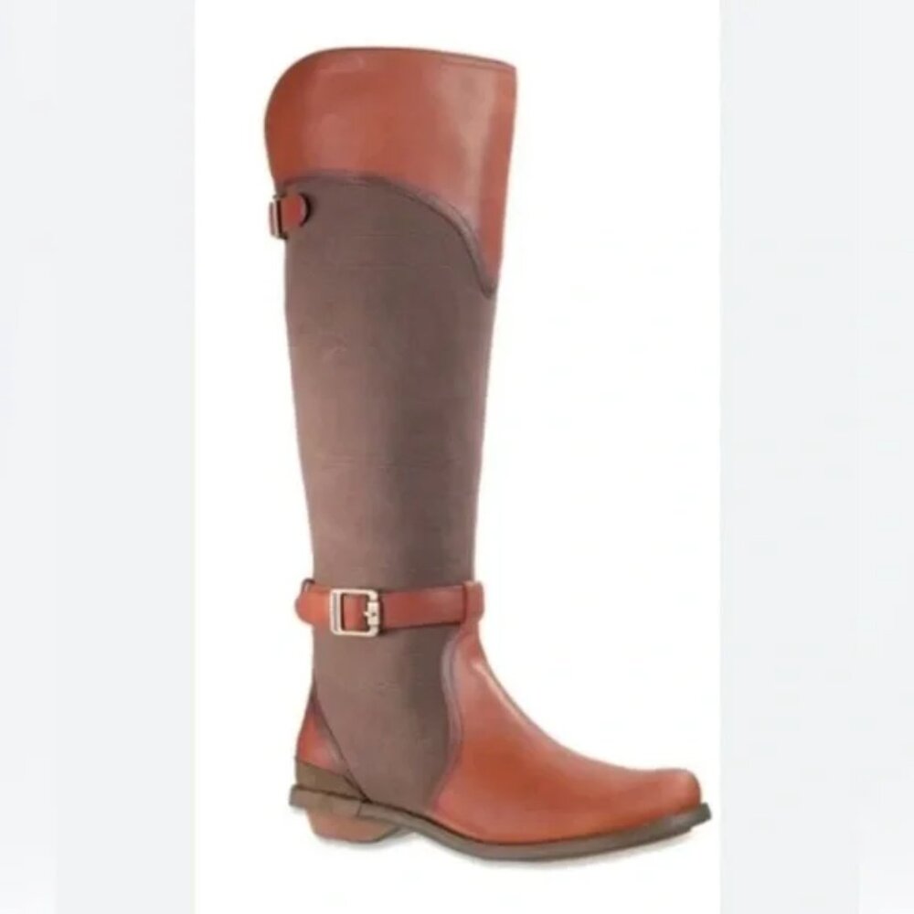 Patagonia Addie Rider Boots‎ Tall Chimney Brown Buckle Leather Canvas Preppy